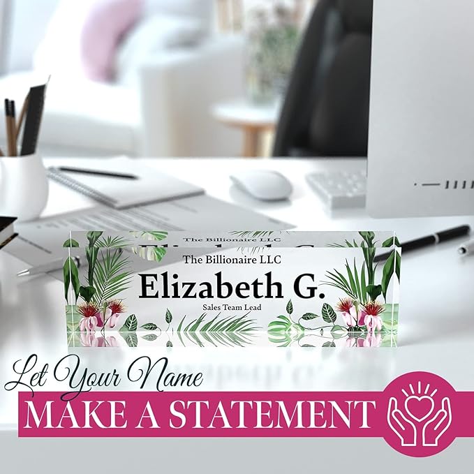 Desk Name Plate Personalized, Custom Name Plates 2½/x8 Inches, Thick Crystal-Clear Acrylic, Gift Box, Office Desk Decor. USA Made by ACRYLUXE (Garden)
