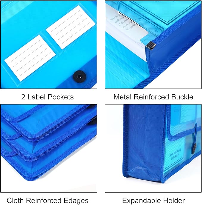 Eco-Friendly Plastic File Folders, Expanding Poly File Wallet, Transparent Expandable Envelope Organizer Document Folder with Elastic Band and Button Closure, with Small Two Pockets, 5 Colors