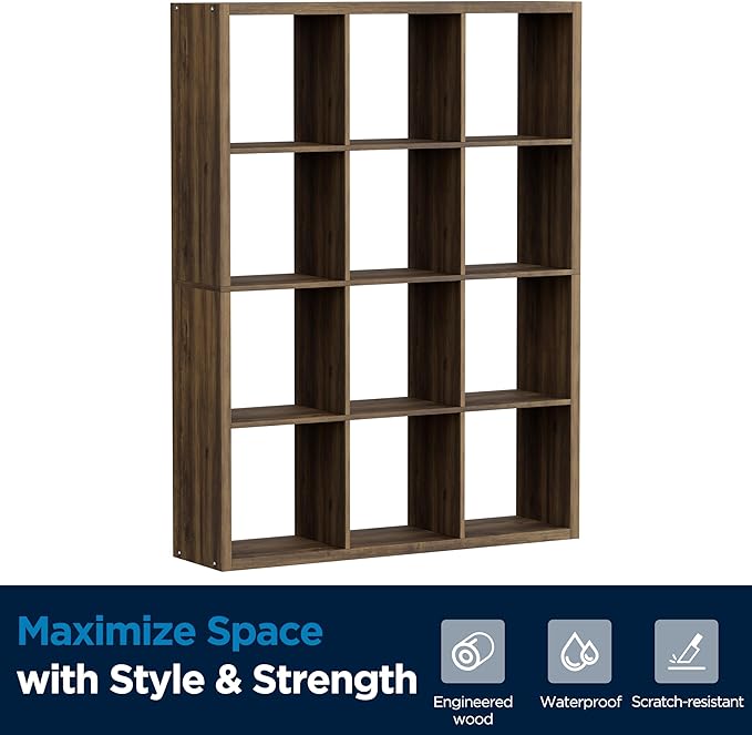 12-Cube Storage Organizer, Wooden Cube Shelf Bookcase with Reinforced Thick Shelves, Heavy-Duty 36.93" L x 9.37" W x 48.82" H, for Living Room Bedroom Home Office, Brown