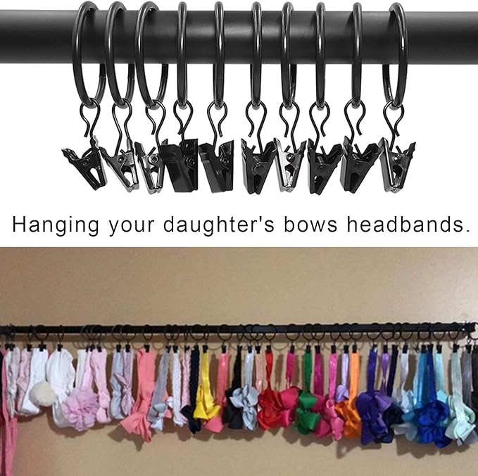 LLPJS 40 Pack Curtain Rings with Clips, Curtain Clip Rings Hooks, Bow Hanger Clips for Hanging Drapery Drapes Bows, Ring 1.26 inch Interior Diameter, Fits up to 1" Rod, Black