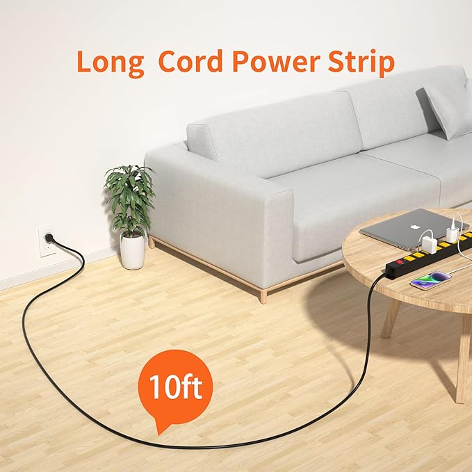8 Outlet Metal Heavy Duty Long Power Strip, 2100J Surge Protector with 10 FT Extension Cord, Wide Spaced and Wall Mount Powerstrip for Home, Industrial, Workshop & Garage (10FT)