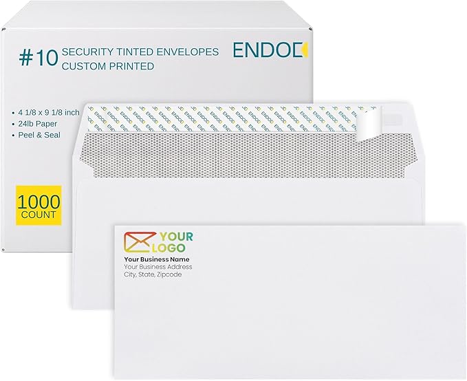 1000#10 Custom Printed Envelopes Self Seal, Security Tinted, #10 Custom Business Envelopes with Logo and Text, Peel and Seal Closure, Personalized Envelopes, White 24 lb Paper, 4 1/8 x 9 1/2 Inch
