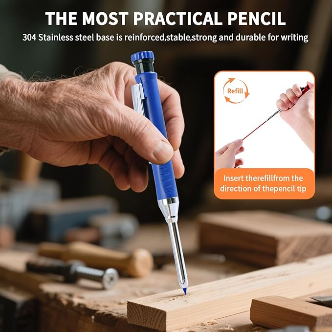 vofauiss 4 Pack Carpenter Pencil with Sharpener, Mechanical Pencils Set with 28 Refills, Construction Pencil Heavy Duty Woodworking Pencils (Red, Black, Yellow, Blue) Deep Hole Long Nib Marker Pens