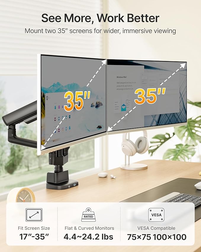 monTEK Dual Tall Monitor Arm with USB, Mechanical Spring Monitor Arm for 17-35" Screens, Adjustable Monitors Desk Mount Each Holds up to 24.2 lbs with C Clamp/Grommet, VESA 75/100mm, MA1011UCPBK-D