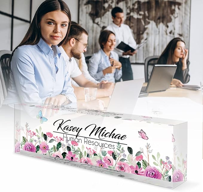 SalaGraphics Desk Name Plate Personalized, Custom for Desk, Office Decor Women Men, Acrylic Accessories, Gifts Coworkers Boss Teacher, Employee Appreciation (Flowers B) 8”(L)x2.5(W)