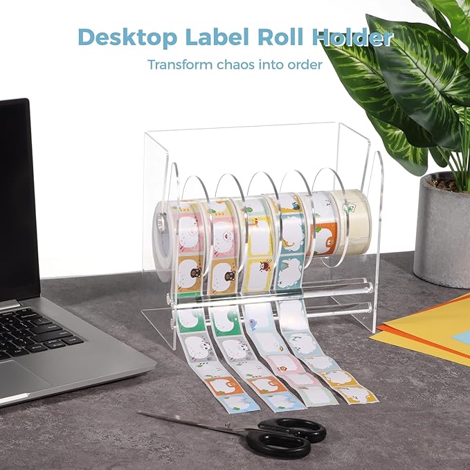 Clear Label Roll Holder, Transparent Acrylic Tape Dispenser, Adjustable Desktop Sticker Roll Holder for Office and Home, Adjustable Sticker Roll Holder with 5 Removable Divider Disks