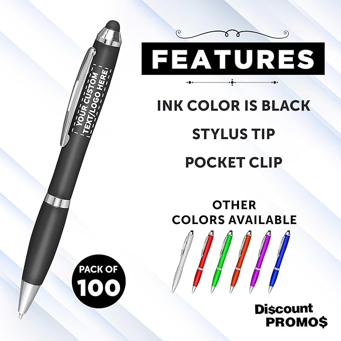 DISCOUNT PROMOS Custom Plastic Stylus Pens Set of 100, Personalized Bulk Pack - Black Ink, Great for Office, School, Business, Tradeshows, Events - Black