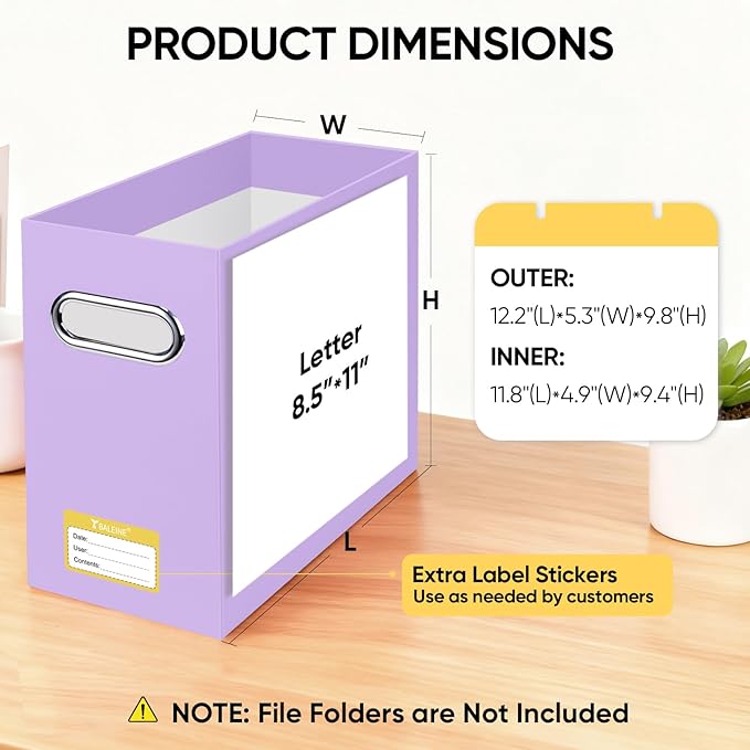 BALEINE File Organizer Box, Cardboard File Folder Organizer with Handle for Letter Size, Portable Collapsible Hanging Filing Box for Home Office Document Storage (2 Pack, Lavender)
