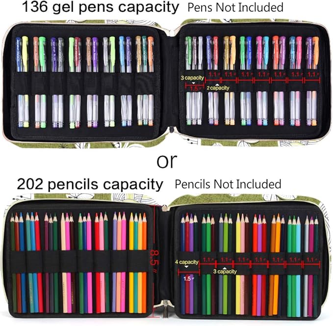 qianshan 202 Colored Pencils Pencil Case - 136 Color Gel pens Pen Bag or Marker Organizer - Universal Artist Use Supply Zippered Large Capacity Slot Super Big Professional Storage Dandelion