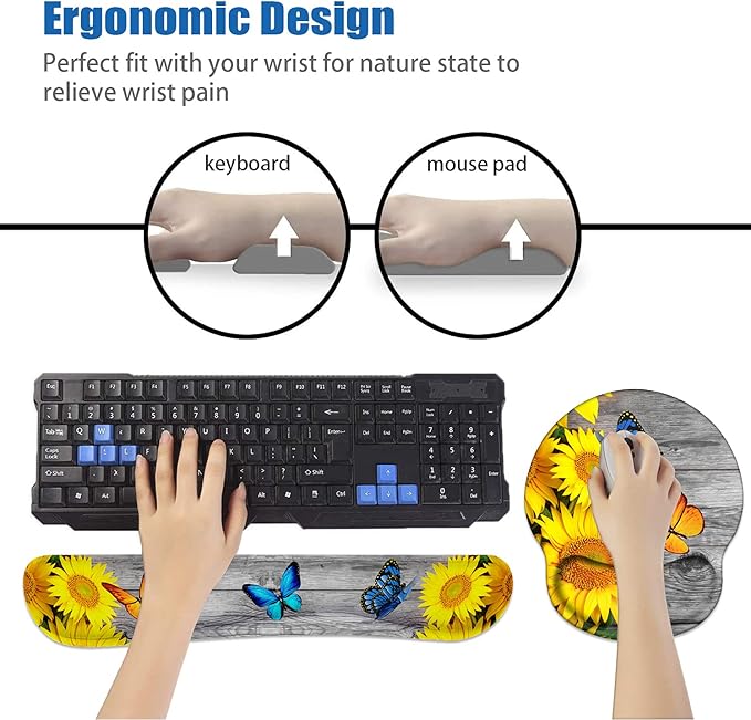Keyboard Wrist Rest and Mouse Pad Wrist Support Set with Coasters, Non-Slip PU Base Ergonomic Gaming Mousepad for Home Office Working Studying Easy Typing & Pain Relief - Sunflower and Butterfly