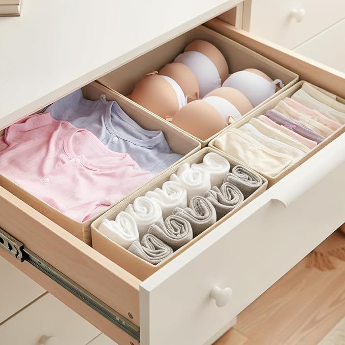 Drawer Organizer Set 4 Pack - Fabric Storage Bins for Underwear Socks Bras Baby Clothes - Closet Dresser Organizers Dividers for Bedroom Nursery, Grey