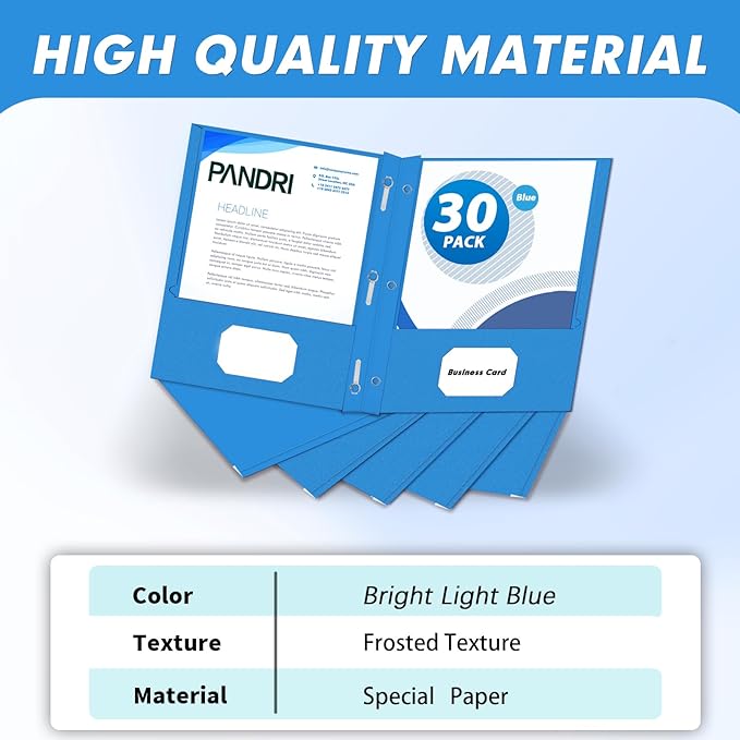 PANDRI Two Pocket Folders, 30 Pack with Prongs, Letter Size, Lightblue