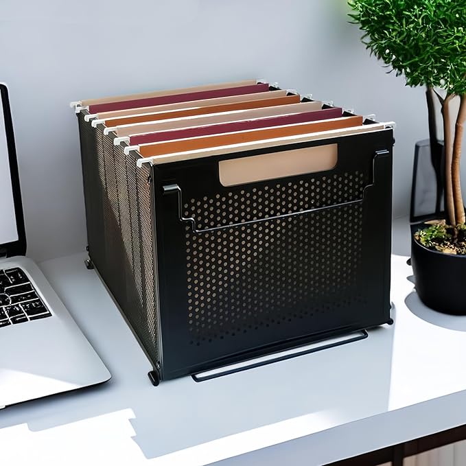 SETTFRFE Letter Size Hanging File Folder Organizer,Metal Filing Crate,File Basket for Hanging File,Black (Perforated metal plate)