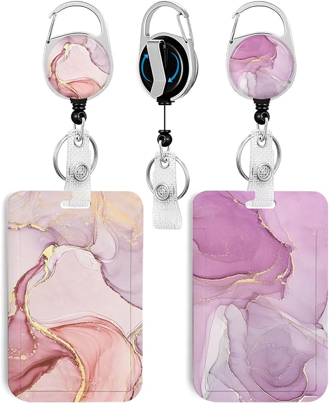 2 Pack Marble ID Badge Holder with Heavy Duty Retractable Reel Keychain for WomenStudents,Teachers, Nurses, Office Use