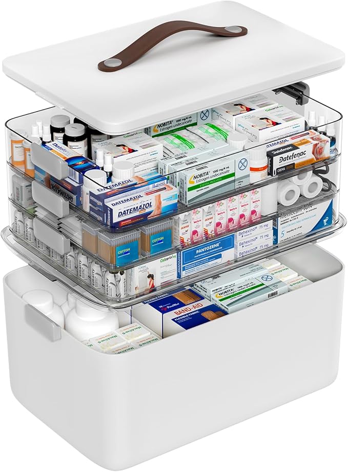 MOPALL 4-Tier Medicine Organizer Storage Box, Portable Latch Bin with Lid and Leather Handle, Cabinet Closet Organization for Home Office, Pill Bottle, First Aid, Sewing, Art, Craft
