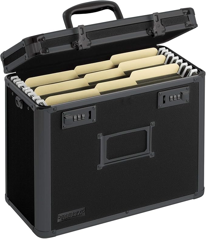 Vaultz File Organizer Storage Box - 14 x 7 x 12.19 Inch Letter Size, Portable Locking Storage Totes with Dual Combination Locks for Filing Office Documents - Super Tactical
