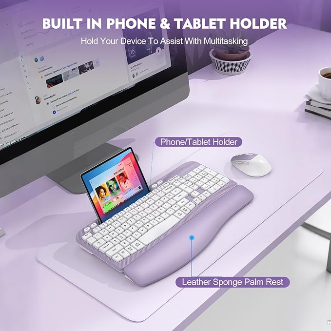 Wireless Keyboard and Mouse Combo, Wave Keys Full-Sized Ergonomic Keyboard with Cushioned Plam Rest, Phone Holder, Comfortable Natural Typing, 2.4G Cordless Set for Computer, Laptop, PC, Mac, Windows