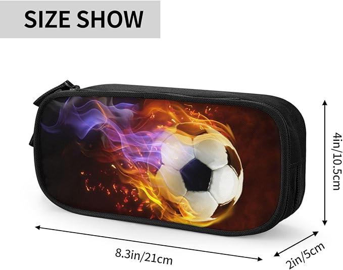 Kids Boys Pencil Case Large Capacity Pencil Box Storage Pen Bag with Zippers, Sports Black Pencil Pouch Stationery Case with Fire Soccer Printed for Office School