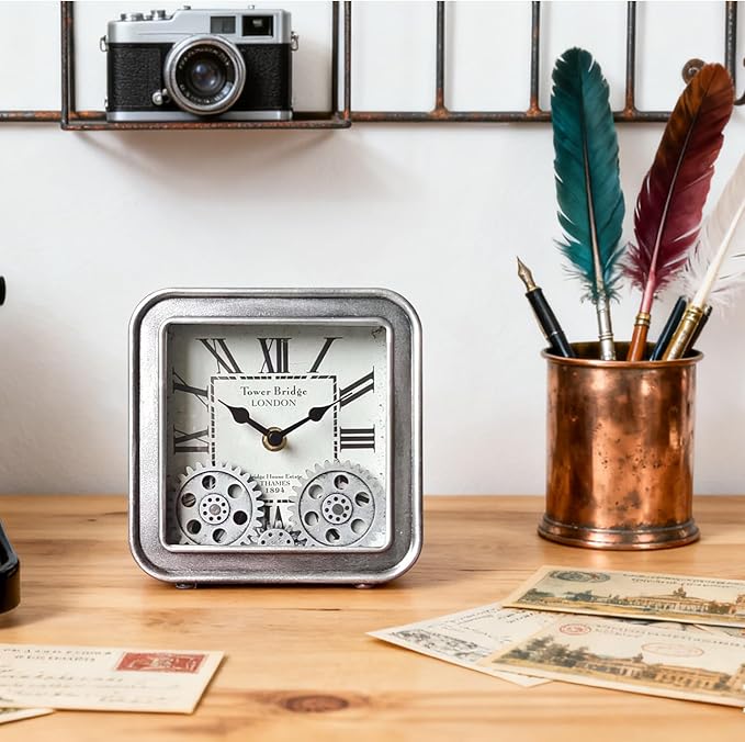 Vintage Desk Clock, 6 inch Metal Table Clocks with Moving Gears, Small Silent Non Ticking Industrial Steampunk Quartz Shelf Clock for Home Office Living Room Desk Decor Battery Operated