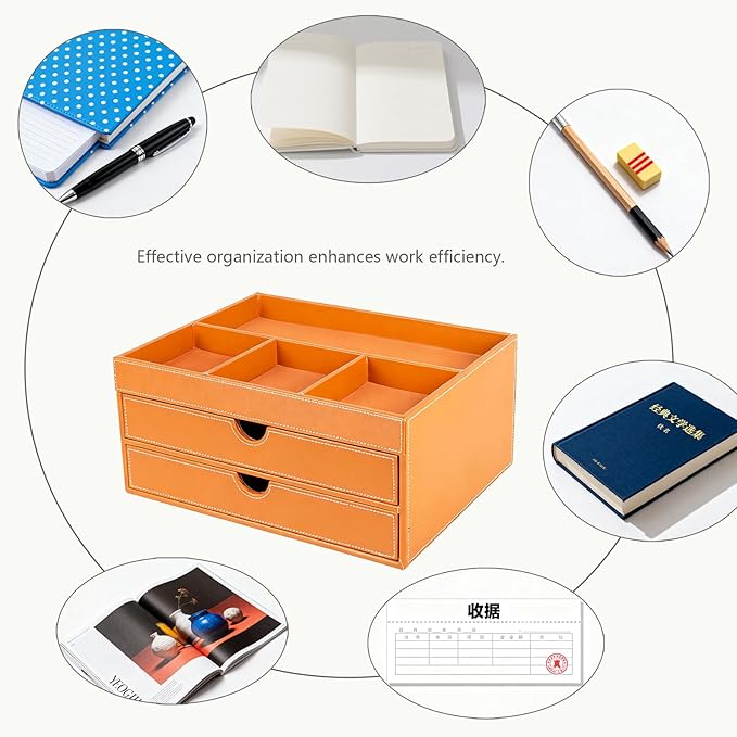 Household Multifunctional Desktop Storage Cabinet, Office file Cabinet Made of Leather, Drawers and Four Separate Organizers, Storage Box on the Bedside Table in the Room (brown)