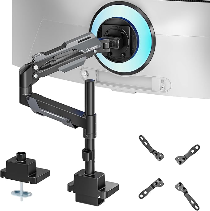 ARES WING CoreArm Single Monitor Mount, Ultrawide Monitor Arm for 24 to 57'' Heavy Duty Curved Screen, Adjustable Gas Spring Monitors Arm Stand up to 66LBS with 75/100/200 Vesa Mount, Black