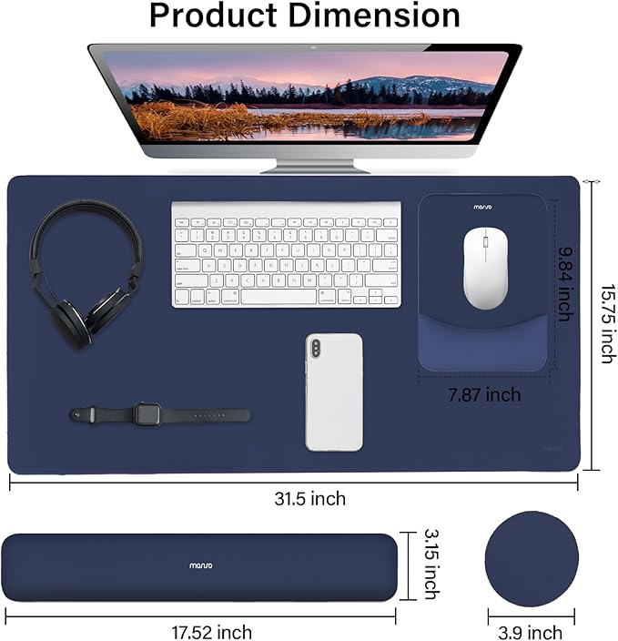 MOSISO Keyboard Mouse Pad Set, Large Gaming Mouse Pad&Rectangular Keyboard Wrist Rest&Mousepad with Wrist Rest&Coaster, Ergonomic Non-Slip&Easy Typing Pad with Curved Silicone Lining, Navy Blue