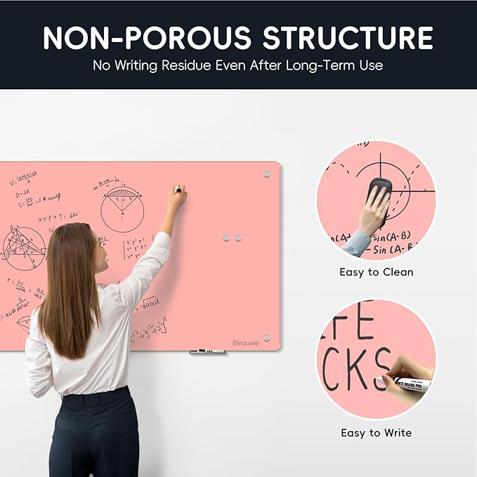 Magnetic Glass Whiteboard - 48"x36" Frameless Glass Dry Erase Board for Walls, Office, School, Home - Pink