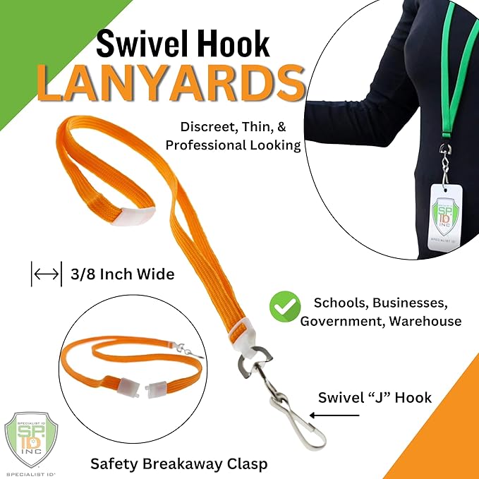 Specialist ID Bulk 25 Pack - Premium Flat Breakaway Lanyards for ID Badges & Badge Holders - 3/8" Wide Woven Safety Lanyard with Metal Swivel Hook for Teachers, Students, Cruise, Office (Orange)