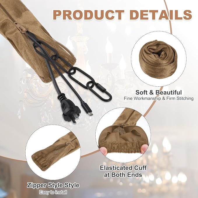 PATIKIL 3.3ft Chandelier Chain Cord Cover, 2 Pcs Velvet Cloth Fabric Chain Sleeve Decorative Cord Covers for Chandelier Wires Swing Cable, Zipper Style, Light Coffee