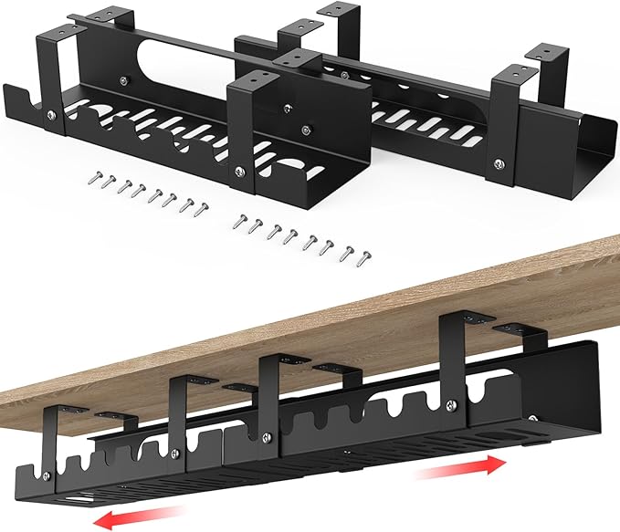 2 in 1 Cable Management Under Desk Black, Adjustable Length(15.7”-31.4”) Extendable Large Cable Management Tray, Cord Hider for Wire Organizer, Cord Organizer for Office, Home