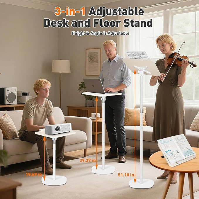 2-in-1 Floor Standing Book Stand, Foldable Book Holder for Reading with Page Clips, 19"–51" Height Adjustable, Sturdy Podium Stand for Reading, Bible, Laptop, Cookbooks, or Projector