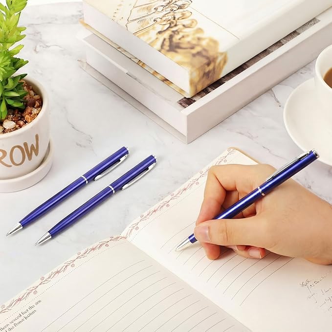 Zonon 15 Pieces Blue Metal Slim Ballpoint Pens Bulk Retractable Metallic Black Ink 1 mm Medium Point Smooth Writing Pens for Wedding Business Office Supplies Students Teachers Men Women Present