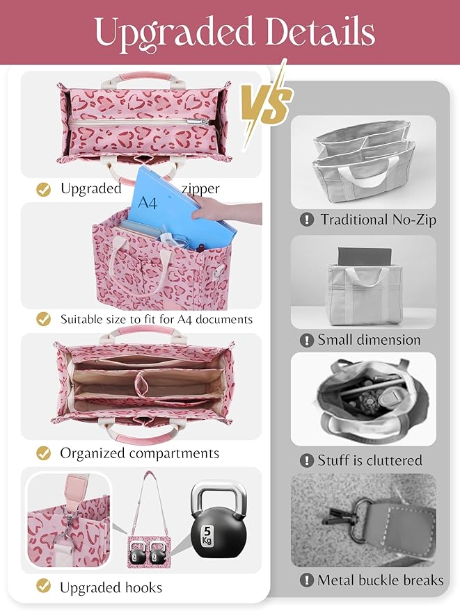 FIORETTO Canvas Tote Bag for Women with Zipper Closure & Individual Compartments for Work College for Teacher & Nurse