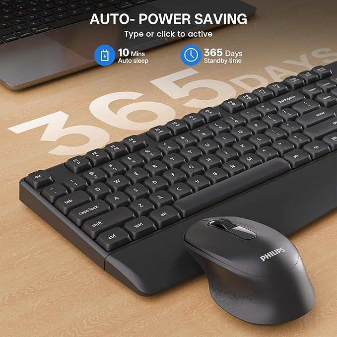 PHILIPS Wireless Keyboard and Mouse Combo-Ergonomic Keyboard and Mouse Wireless Combo with Silent Design,Plug n' Play,Sleep Mode and 2.4GHz Keyboard for Mac, Windows, Laptop-Black