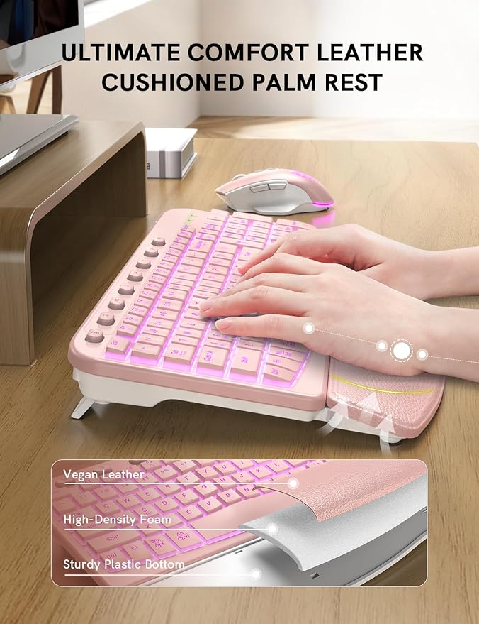 SABLUTE Ergonomic Wireless Keyboard and Mouse Combo - Wave Keyboard with Soft Leather Wrist Rest, Resistant Keys, RGB Backlit Rechargeable Set for PC/Mac/Chromebook (Black) (Pink)