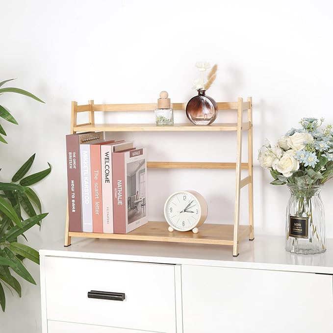 2-Tier Ladder Desktop Bookshelf, 19.69" Wide Wooden Countertop Storage Hutch for Office, Dorm and Home, Desk Organizer for Books and Decor