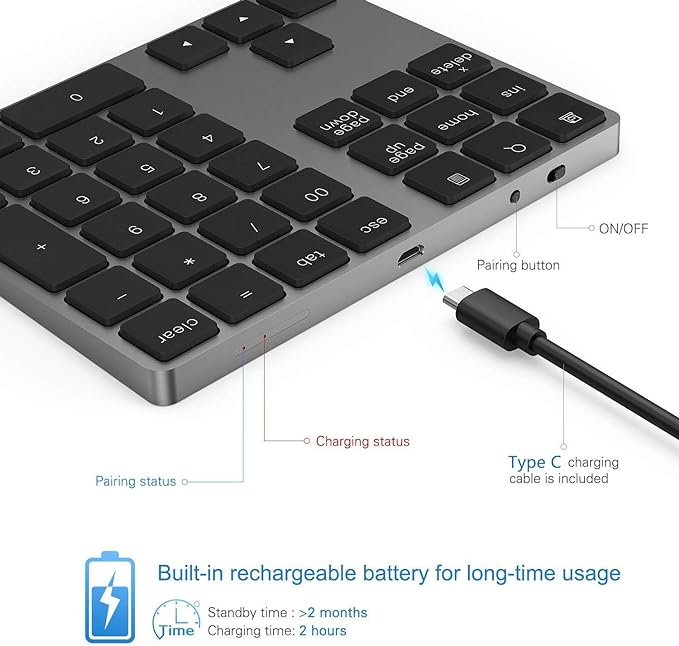 Bluetooth Number Pad, Lekvey Aluminum Rechargeable Wireless Numeric Keypad Slim 34-Keys External Numpad Keyboard Data Entry Compatible for Macbook, MacBook Air/Pro, iMac Windows Laptop Surface Pro etc