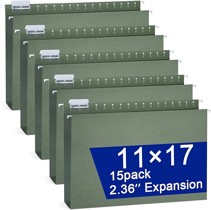gisgfim 15 Pack Reinforced 11x17 Hanging File Folders 1/5 Cut Heavy Duty Hanging File Folders with Plastic Tabs & Label Cards Expanding Hangers File Organizer for Drawing Engineering Document (Green)