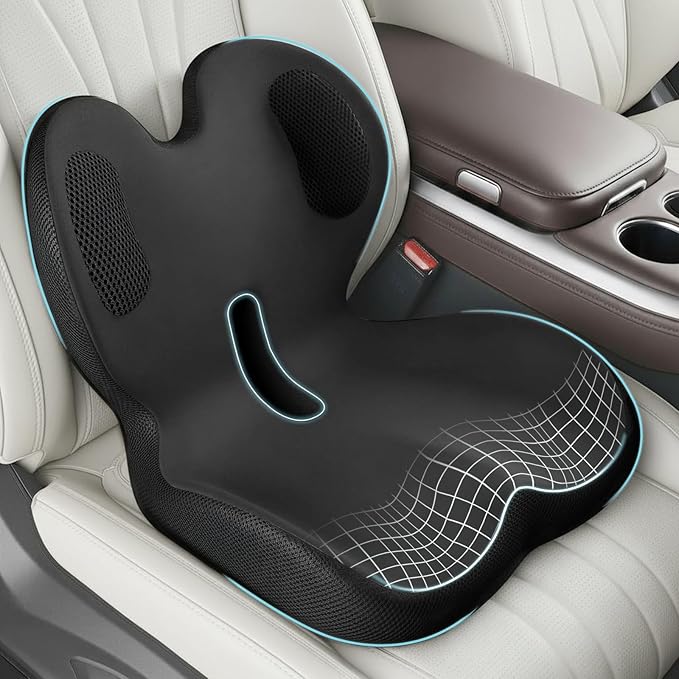 Trucker Seat Cushion, Car Seat Cushions with Lumbar Support Pillow, Ergonomic L-Shaped One Piece Memory Foam Pad for Long Driving Back Pain Sciatica Relief, Drivers Office Workers (Black+Ice Silk)