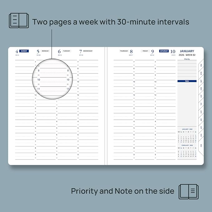 POPRUN 2026 Weekly Planner (Medium 7'' x 8.5''), 30-Minute Hourly Appointment Book (Jan 2026-Dec 2026) with Monthly Tabs, Inner Pockets, Pen Holder, PU Leather Softcover, 100GSM - Night Sky Navy Blue