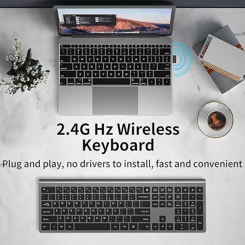 2.4G Wireless Slim Full-Size Keyboard with Numeric Keypad, Calculator Button, USB Receiver, Fn Lock, Ultra-Thin Scissor Switch Design, Computer Keyboard for Laptop PC Windows Mac（Without Mouse）