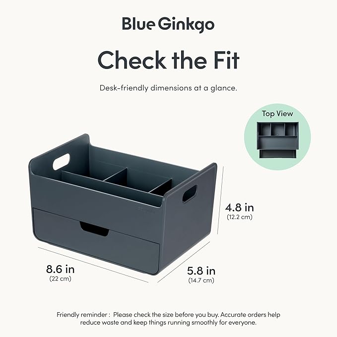 BLUE GINKGO Portable Desk Organizer – Compact 3 Compartment, Half-drawer Storage – Pen Holder, Stationery Desktop Organizer for Office, Makeup, Crafts (Made in Korea, Blue)