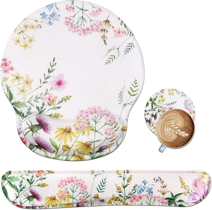 iLeadon Mouse Pad with Wrist Support Keyboard Wrist Rest Set, Ergonomic Mouse Pad with Non-Slip Base for Computer Laptop Home Office + Coasters, Easy Typing & Pain Relief Mouse Mat, Wild Flowers