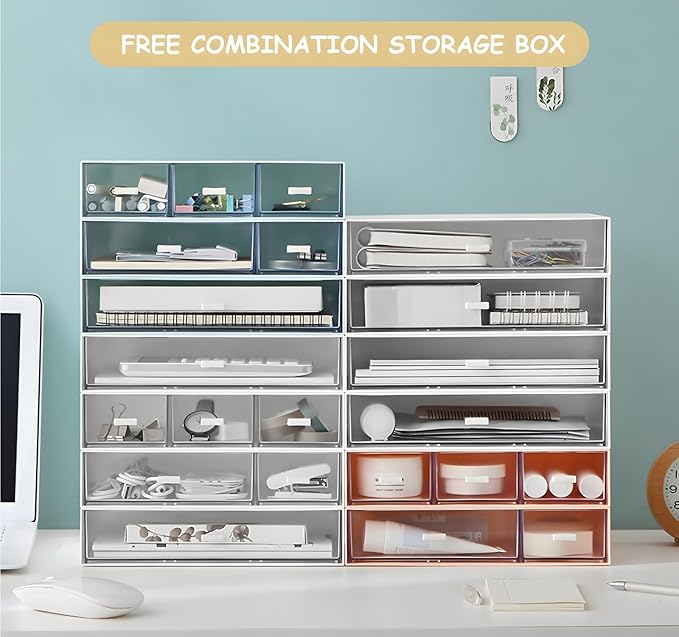 Desktop Organiser with 5 Drawers, Stackable Plastic Storage Box on Desk, Small Drawers Storage Unit for Home Collection, Cosmetics, Office Supplies (2 Flat Layers, Blue)