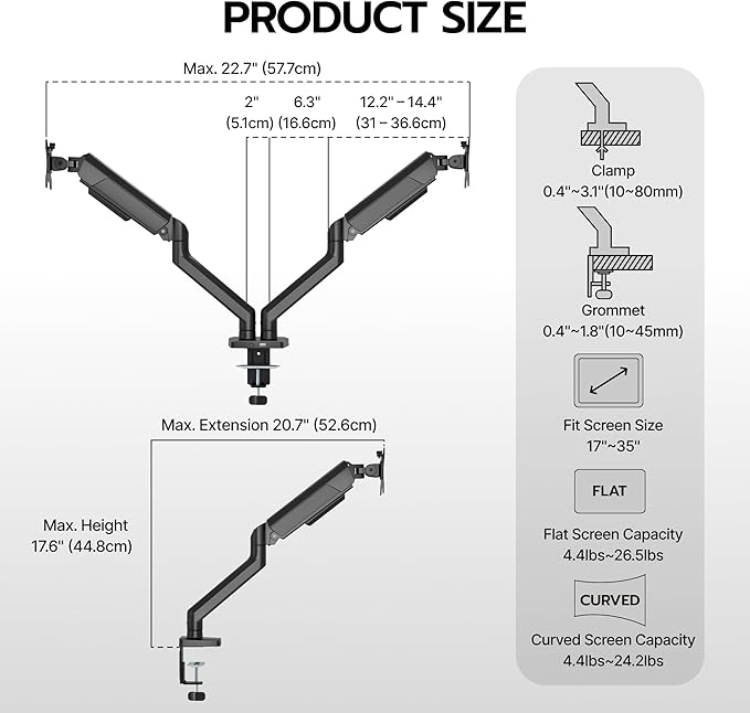 ARES WING Dual Monitor Mount, Heavy Duty Monitor Arms for 2 Monitors for 17-35 Inch, Fully Adjustable Monitor Desk Stand with USB A/C for Ultrawide Screen, VESA 75x75 or 100x100mm, Black