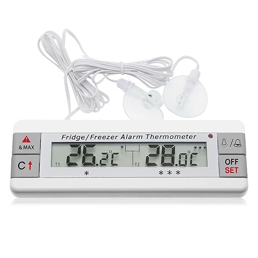Digital Refrigerator Thermometer 2 Channel Freezer Thermometer with Alarm Sound Reminder Thermometer Fridge with Max/Min Temperature Record Freezer Alarm with Magnetic Back for Home Kitchen