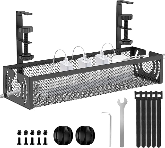 Cable Management, 15'' Under Desk Cable Management Tray No Drill, Metal Cable Organizer with Clamp for Wire Management, Cord Organizer for Home Office, Desk Accessories Organizer, Black