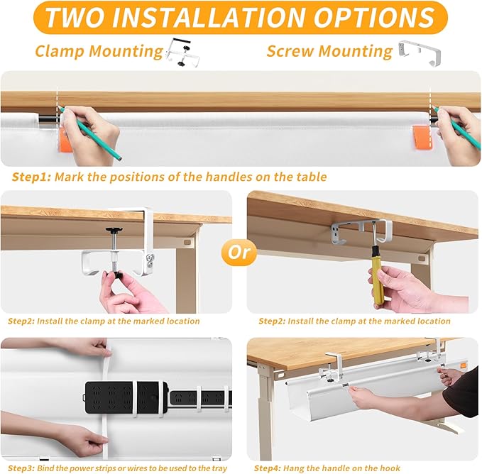 Under Desk Cable Management Tray, No Drill Desk Cord Organizer with Clamp, 48" Fabric Cable Management for Standing Desks Office & Home, White