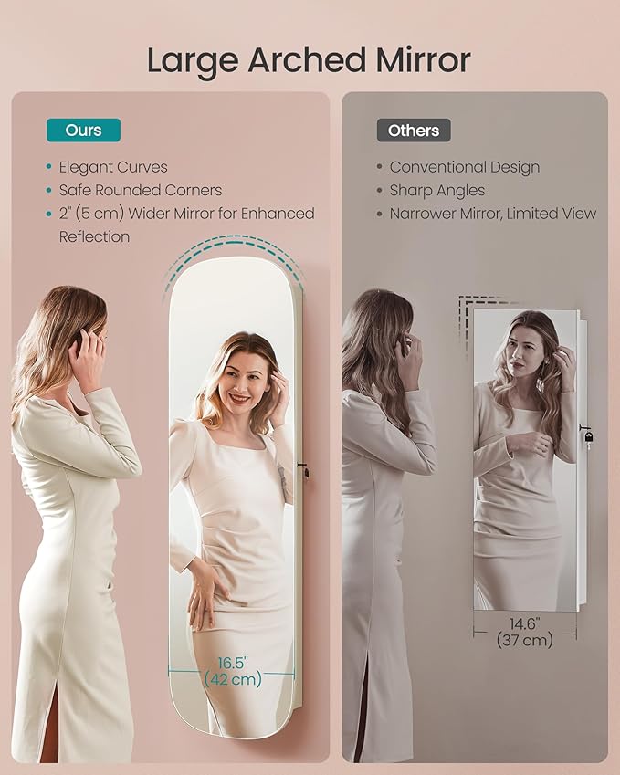 SONGMICS Jewelry Organizer, LED Jewelry Cabinet Wall/Door Mounted, Lockable Rounded Wide Mirror with Storage, Interior Mirror, 3.9 x 16.5 x 55 Inches, White Surface with Greige Lining