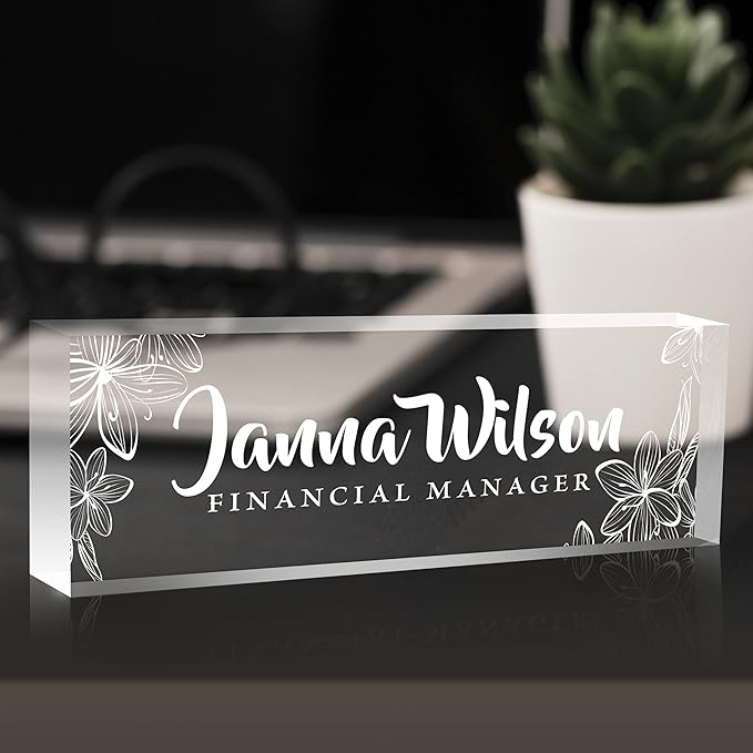 Name Plate for Desk, Premium Clear Plates Engraved Acrylic Desk Name Plate, Desk Name Plate Personalized, Custom Office Decor for Women or Men Coworkers, Boss, Employee, Teacher (Engraved 1)